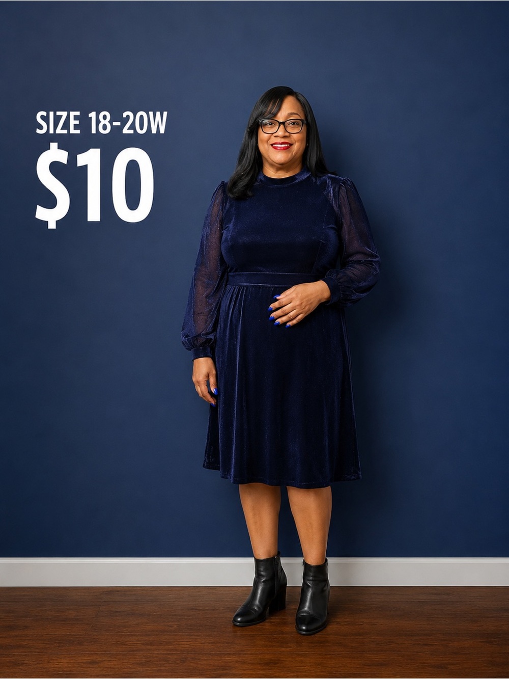 Velvet Long-Sleeve Fit & Flare Dress - Navy